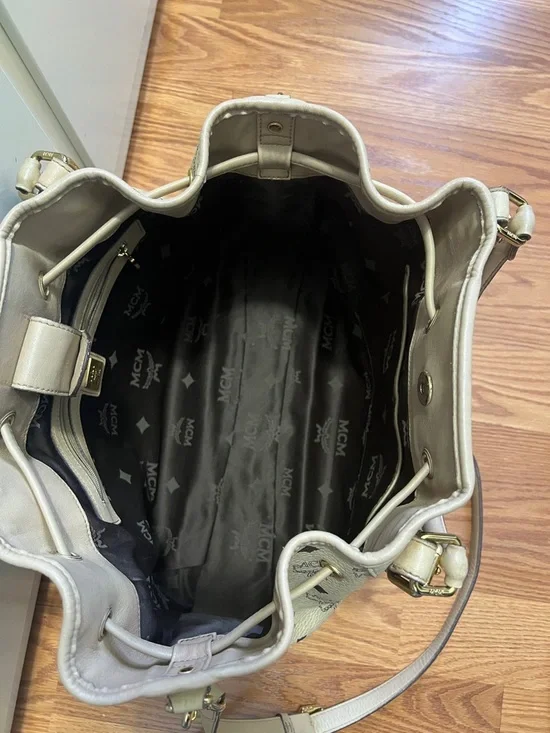 MCM Beige Logo Drawstring Tote with Gold Hardware - Picture 9 of 13